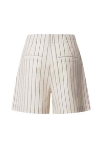 Pantaloni corti bianchi in lino con righe verticali blu navy, caratterizzati da un design raffinato, due tasche posteriori e un orlo pulito.