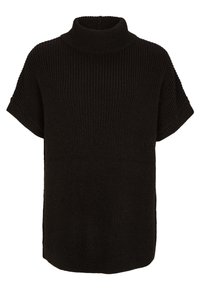 Musta neulottu villapaita korkealla kauluksella, lyhyillä hihoilla, rentona istuvana ja ribbettynä pintana. Ei näkyviä kuvioita tai accentteja.