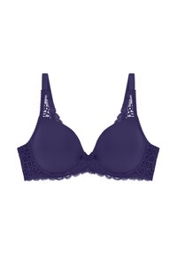 Keskitason peittävyydellä oleva syvän violetin värinen rintaliivit, joissa on sileät vaahtomuovikupit ja pitsikoristeet sivuilla. Säädettävät olkaimet ja koristena rusetti keskellä.