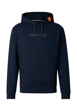 Marineblauer Kapuzenpullover mit dem Text "FIRE + ICE" auf der Brust, Kordelzügen an der Kapuze und kleinem orangefarbenem Etikett an der linken Seite der Kapuze.