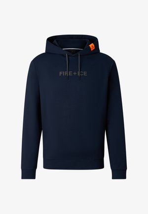 Marineblauwe hoodie met de tekst "FIRE + ICE" op de borst, trekkoorden aan de capuchon en een klein oranje label aan de linkerkant van de capuchon.