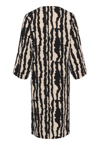 Robe noire et beige avec un motif de coups de pinceau verticaux, coupe ample, manches trois-quarts, col rond, longueur mi-mollet.