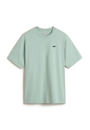 Minzgrünes Baumwoll-T-Shirt mit Rundhalsausschnitt, kurzen Ärmeln und einem kleinen schwarzen Grafiklogo auf der linken Brust. Weiche, glatte Textur.