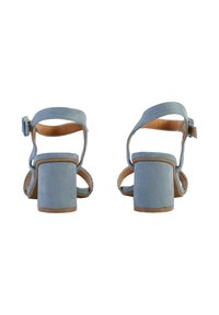 Ein Paar hellblaue Wildleder-Sandalen mit Blockabsatz und Knöchelriemen sowie Schnallen, von hinten auf einem weißen Hintergrund betrachtet.