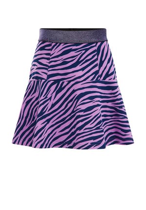 Paarse en marineblauwe zebraprint rok met een uitlopende vorm en een brede, glinsterende elastische tailleband.