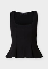 Μαύρο αμάνικο τοπ με τετράγωνη λαιμόκοψη και φαρδύ τελείωμα, κατασκευασμένο από λείο ύφασμα, παρουσιασμένο σε απλό φωτεινό φόντο.