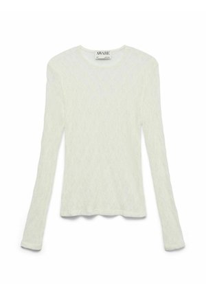 Haut blanc à manches longues en dentelle avec encolure ronde, silhouette ajustée et motif floral délicat, étiqueté "AWARE" taille small.