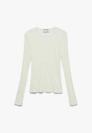 Haut blanc à manches longues en dentelle avec encolure ronde, silhouette ajustée et motif floral délicat, étiqueté "AWARE" taille small.