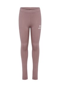 Mauve leggings made of stretchy material, featuring a fitted design and a small white logo on the left hip. Smooth texture, full-length.