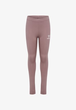 Mauvu legingi, kas izgatavoti no elastīga materiāla, ar pieguļošu dizainu un mazu baltu logo kreisajā gurnā. Gluda tekstūra, pilnas garuma.