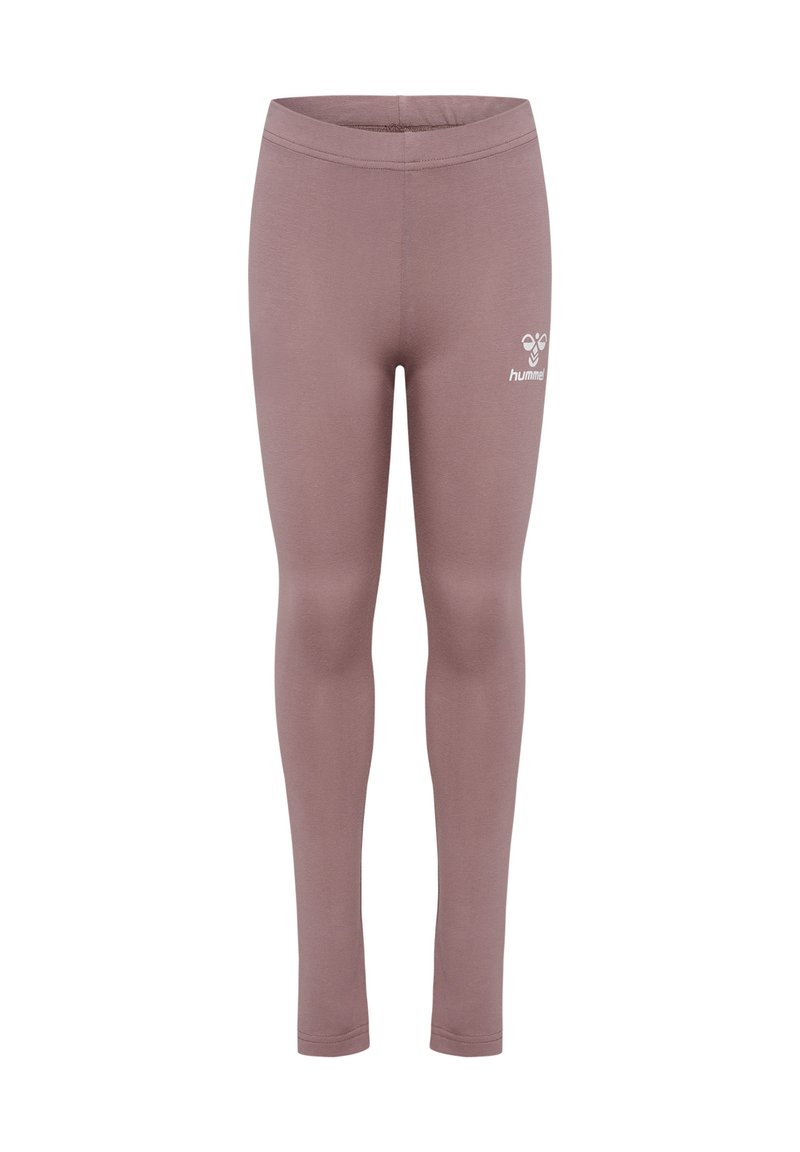 Mauve leggings made of stretchy material, featuring a fitted design and a small white logo on the left hip. Smooth texture, full-length.