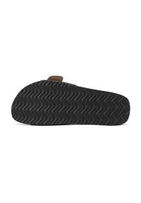 Suola di sandal nero in gomma con un motivo a zigzag, dotata di una fascia in pelle marrone sulla parte superiore. Texture liscia con una costruzione resistente.