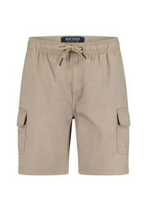 Beżowe krótkie spodenki cargo z elastycznym pasem, sznurkiem do ściągania i dwoma bocznymi kieszeniami. Wykonane z tkaniny o gładkiej fakturze. Etykieta marki: Blue Seven.