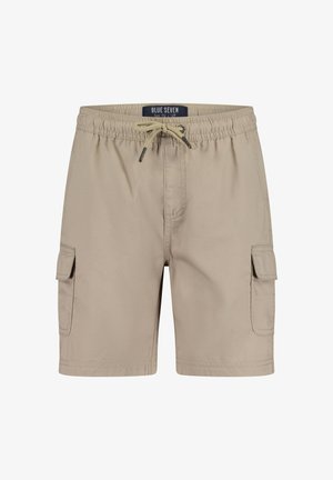 Pantaloncini cargo beige con cintura elastica, coulisse e due tasche laterali. Realizzati in tessuto con una consistenza liscia. Etichetta del marchio: Blue Seven.