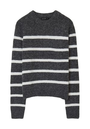 Dark gray sweater with white horizontal stripes, round neck, long sleeves, and a soft, textured fabric. Label reads "CALLIOPE."