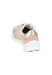 Light pink sneaker featuring a suede and mesh upper, metallic accent at the heel, and a white rubber sole with a textured grip.