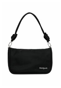 Czarna tekstylna torebka o gładkim wykończeniu, z plecionym uchwytem, srebrnymi akcentami i białym logo nadrukowanym z przodu.