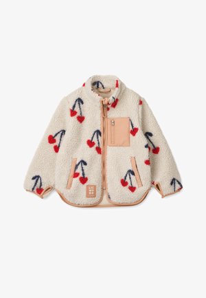 Veste en polaire avec un fond crème, motif de cerises rouges et bleues, accents beige et poche zippée à l'avant. Présente un col rond.