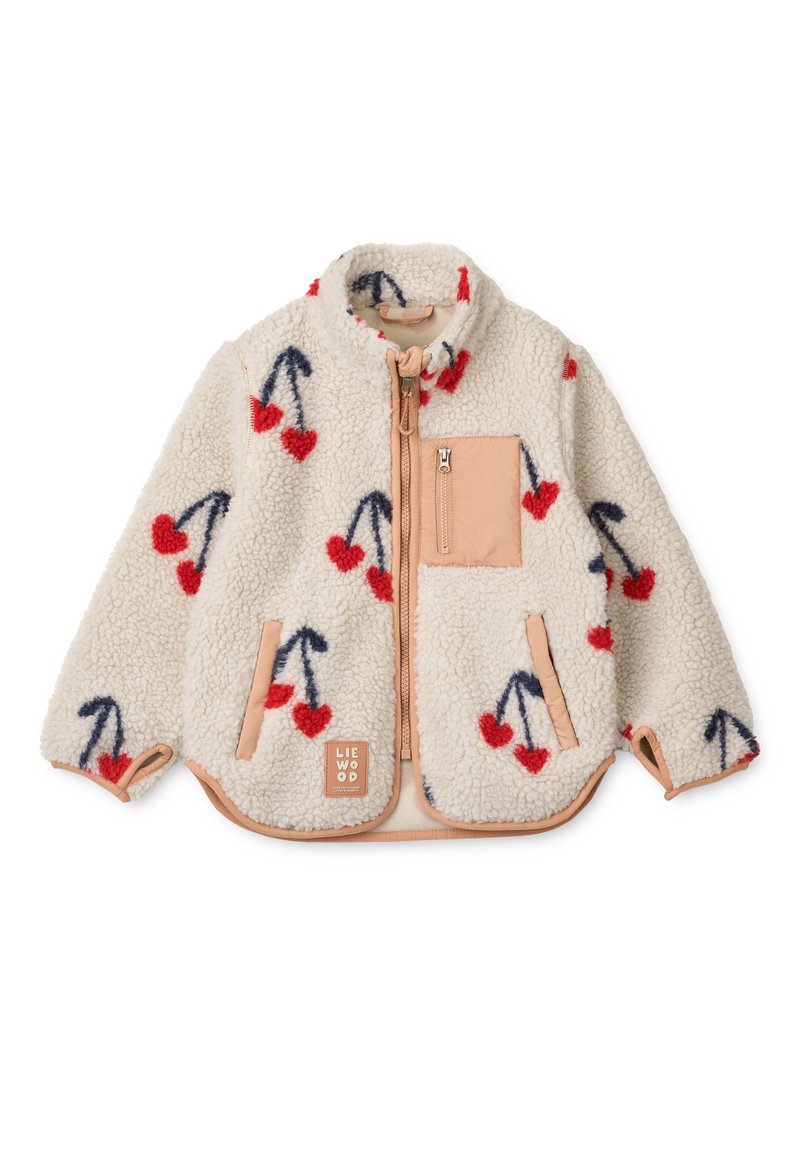 Flis jakna s kremasto ozadje, rdečim in modrim vzorcem češenj, peščanimi detajli in zadrgo na sprednjem žepu. Ima okrogli ovratnik.