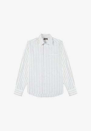 Camicia a maniche lunghe bianca con strisce verticali in tonalità di blu e marrone, dotata di colletto e taschino sul petto. Tessuto in cotone.
