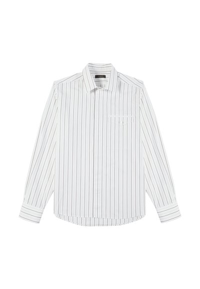 Camicia a maniche lunghe bianca con strisce verticali in tonalità di blu e marrone, dotata di colletto e taschino sul petto. Tessuto in cotone.