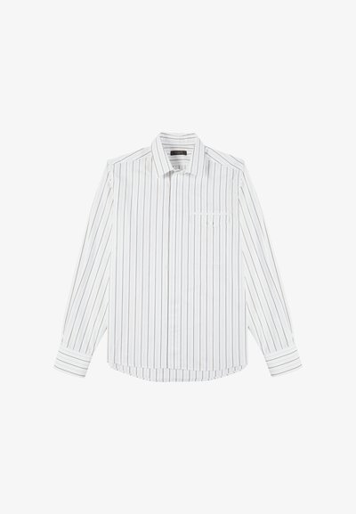 Camicia a maniche lunghe bianca con strisce verticali in tonalità di blu e marrone, dotata di colletto e taschino sul petto. Tessuto in cotone.