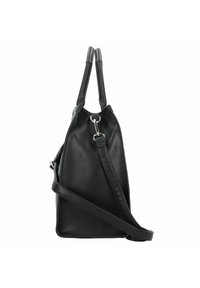 Bolso de mano de imitación cuero negro con dos asas y una correa de hombro extraíble. Presenta una forma estructurada y una textura lisa y suave.