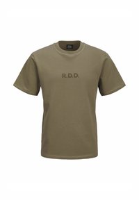 Olivově zelené tričko s krátkým rukávem vyrobené z měkké bavlny, s texturovaným potiskem "R.D.D." na přední straně. Klasický design s kulatým výstřihem.