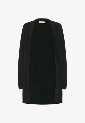 Zwarte cardigan met een losse pasvorm, open voorkant, lange mouwen en een zachte gebreide textuur. Eenvoudig ontwerp zonder patronen of accenten.