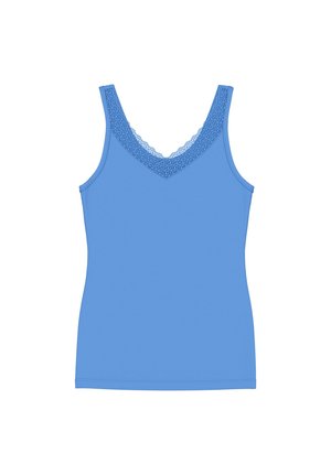 Camiseta sin mangas azul con escote en V adornado con encaje, silueta ajustada y dobladillo recto sobre un fondo blanco.