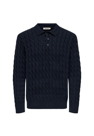 Pullover lavorato a maglia blu navy con motivo a trecce, dotato di colletto e chiusura con bottoni. Maniche a costine e orlo completano il design.