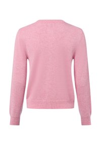 Helle rosa Pullover, weiche Textur, runder Halsausschnitt, lange Ärmel, gerippter Saum und Bündchen, schlichtes Design, keine sichtbaren Muster oder Details.