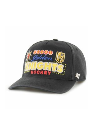 Black baseball cap featuring colorful embroidery with "Vegas Golden Knights Hockey", a gold shield logo, and decorative dots.