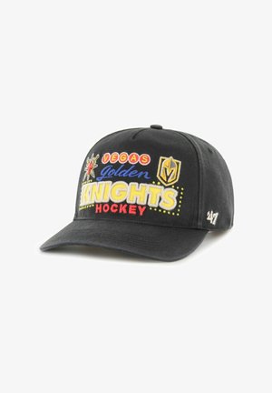 Schwarze Baseballkappe mit buntem Stickmotiv "Vegas Golden Knights Hockey", einem goldenen Schild-Logo und dekorativen Punkten.