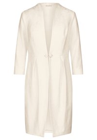 White lightweight coat with a soft texture, three-quarter sleeves, open front, and two decorative buttons at the waist. Subtle embossed pattern.