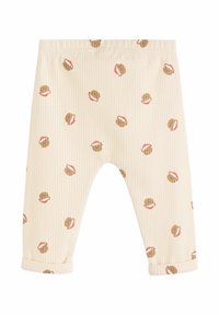 Ljusbeige, ribbade byxor med ett mönster av upprepade pepparkaks-kakor, med upprullade muddar och elastisk midja för komfort.