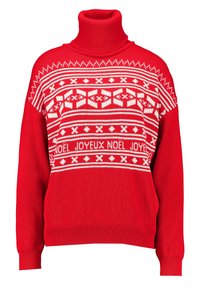 Red knitted turtleneck sweater featuring white geometric and text patterns. Loose fit with ribbed cuffs and hem.