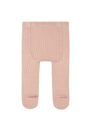 Beige ribbed knit baby tights with footed legs, elastic waistband, and reinforced stitching on the seat area.
