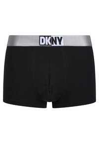 Boxer in cotone nero con uno cintura elastica grigia, caratterizzata dal logo stampato "DKNY" in bianco e nero sul centro anteriore.