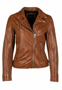 Giacca da moto in pelle marrone con chiusure con zip, tasche laterali e colletto a scollo. Tessuto morbido e design aderente.