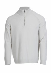 Hellgrauer Pullover mit einem Zipper bis zum Viertel, gerippten Textur und gerippten Manschetten. Weicher Stoff und minimalistisches Design.