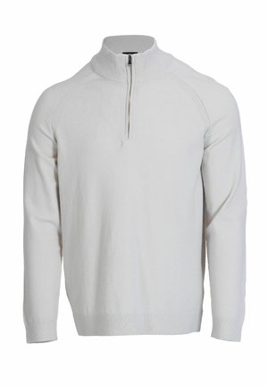 Pull léger gris clair avec un col zippé quart, texture côtelée et poignets côtelés. Tissu doux et design minimaliste.