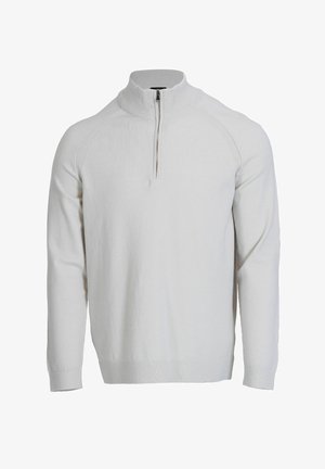 Hellgrauer Pullover mit einem Zipper bis zum Viertel, gerippten Textur und gerippten Manschetten. Weicher Stoff und minimalistisches Design.