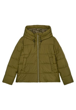 Olive green quilted puffer jacket with front zipper, side pockets, adjustable hood, and long sleeves.