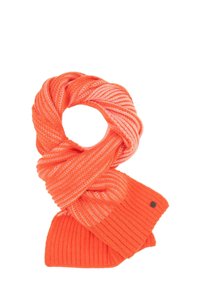 Kootud sall erksates oranžides toonus, millel on soonikkoes keerukus ja väike logo aktsent. Pehme, paks materjal.