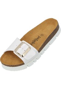 White slide sandal with a glossy strap, gold buckle, and brown suede footbed. Features a textured white rubber sole.