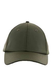 Olivengrønn caps med en glatt, blank overflate. Har en buet skygge og seks ventilasjonsåpninger. Sømmen er synlig langs skyggen.