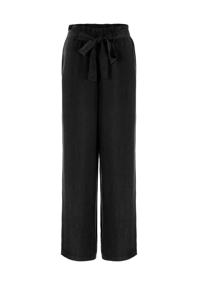 Pantalon noir taille haute à jambes larges avec une ceinture en tissu nouée en nœud à l'avant et des poches latérales.