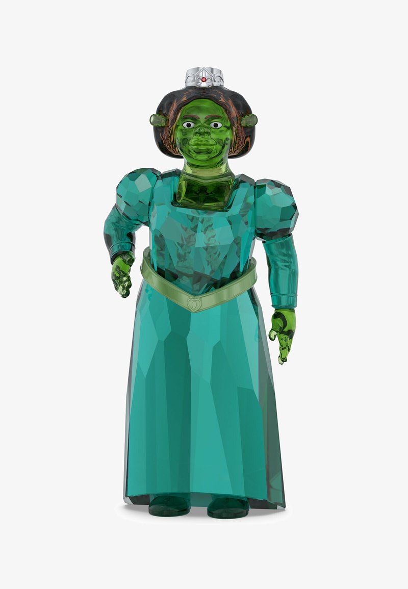 Figurine translucide verte portant une robe médiévale facettée bleu sarcelle, une couronne argentée ornée d'un joyau rouge, et des cheveux bruns coiffés en carré.