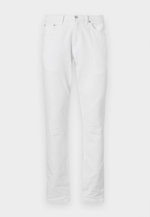 Pantaloni in denim bianco con design a gamba dritta. Presentano cinque tasche, chiusura frontale con bottone e una texture liscia ed elegante.